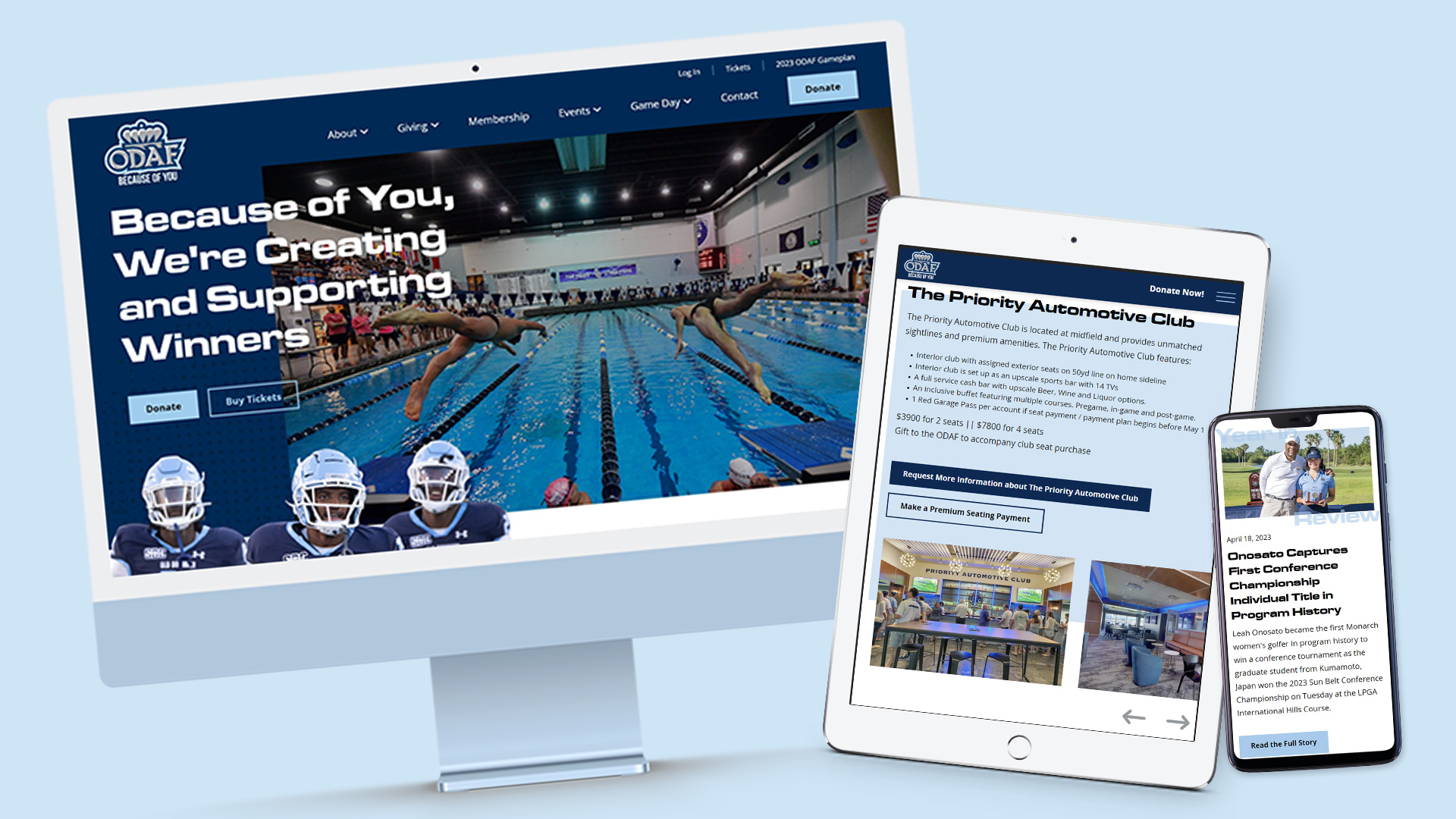 Old Dominion Athletic Foundation website mockups on different devices